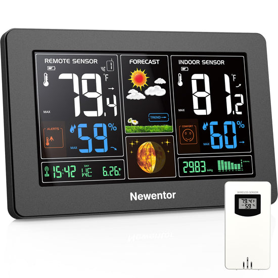 Newentor weather station — wireless indoor outdoor thermometer with color display and atomic clock
