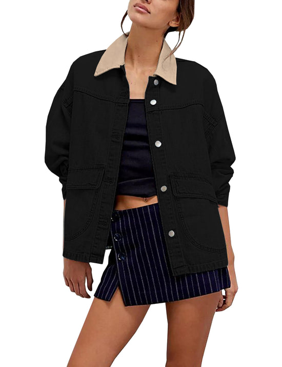 Coat — Oversized denim jacket with contrast trim and pockets