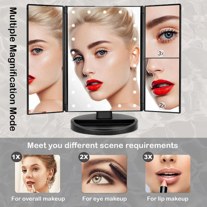Flymiro tri-fold lighted vanity makeup mirror — 180° rotation with touch screen LEDs