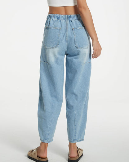 EZAPINE women casual cropped denim pants with pockets and elastic waist
