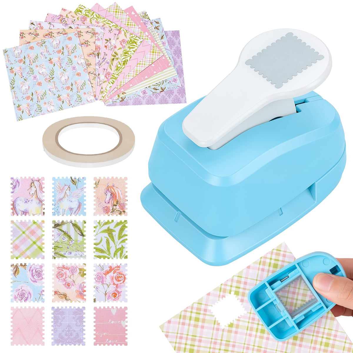 Myfivo hole punch — 1 inch rectangular postage stamp puncher with decorative paper for crafting projects