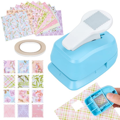 Myfivo hole punch — 1 inch rectangular postage stamp puncher with decorative paper for crafting projects
