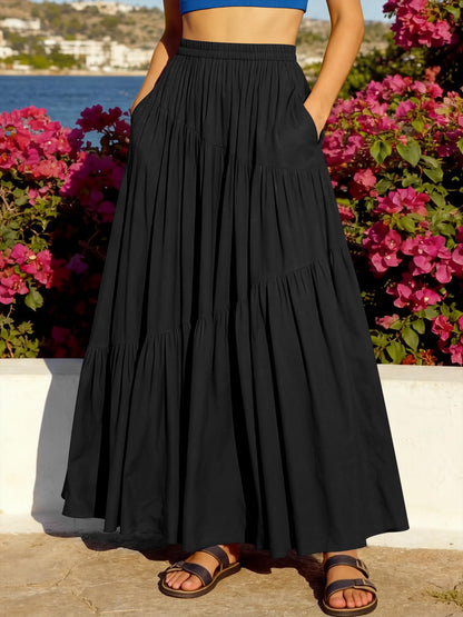 ANRABESS women's boho elastic high waist pleated maxi skirt with pockets