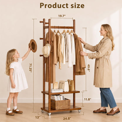 Taitiy freestanding clothes rack with wheels and storage shelves and hooks