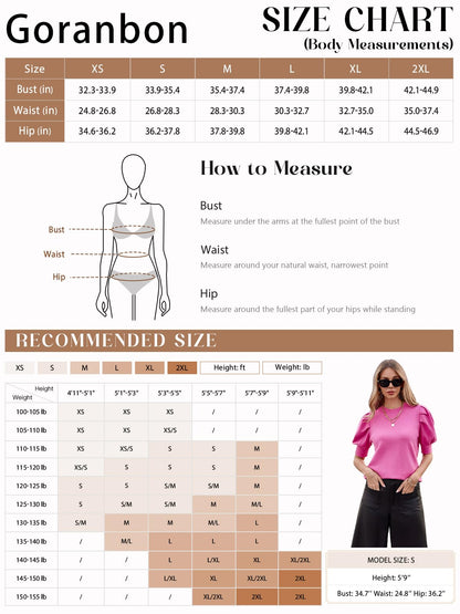 Shirt — Puff short sleeve knit crew neck top for women