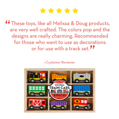Melissa & Doug wooden train set — 8-piece magnetic train cars with storage tray