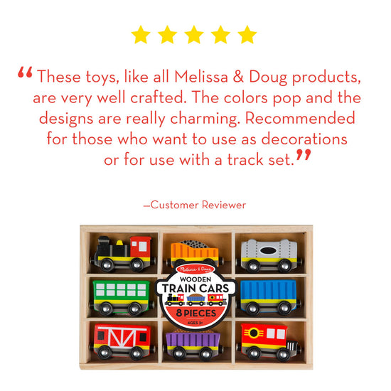 Melissa & Doug wooden train set — 8-piece magnetic train cars with storage tray