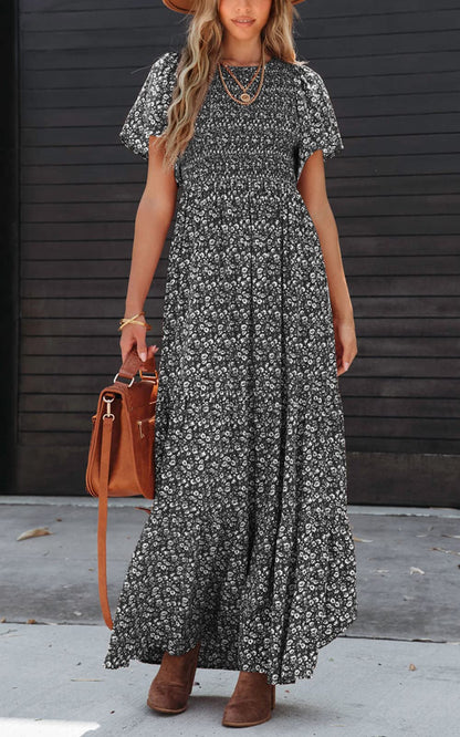 PRETTYGARDEN dress — Boho floral maxi with flutter sleeves and smocked tiered design