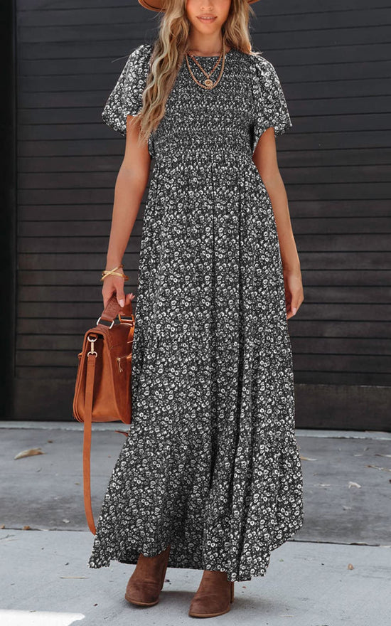 PRETTYGARDEN dress — Boho floral maxi with flutter sleeves and smocked tiered design