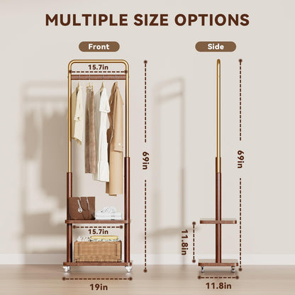 Taitiy clothes rack - Solid wood with double shelf and wheels for freestanding storage.