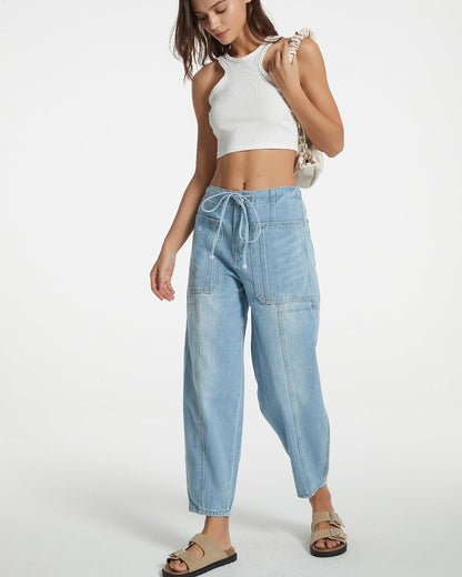 EZAPINE women casual cropped denim pants with pockets and elastic waist
