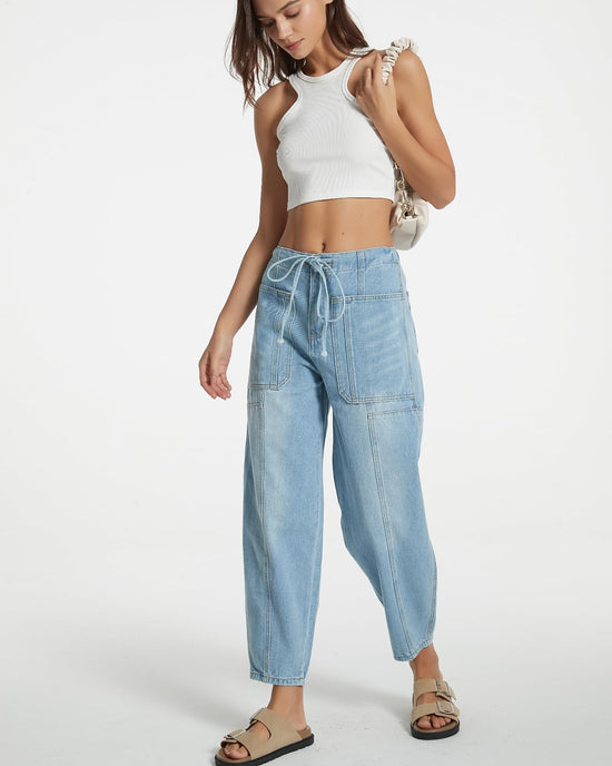 EZAPINE women casual cropped denim pants with pockets and elastic waist