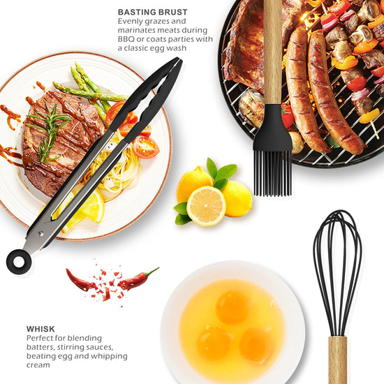 Food spatula set — heat resistant silicone with wooden handles and holder, BPA free