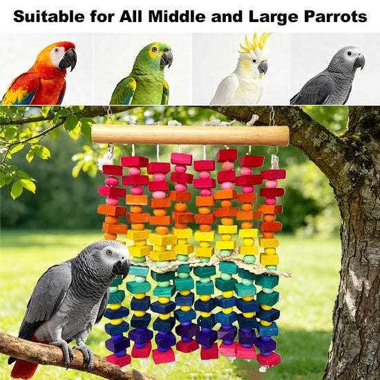 KTCWPAW Large Parrot Chew Wall Toy, Natural Wood Bird Cage Foraging Play Wall with Colorful Wooden Blocks, Hanging Shredder Toy for Macaws, Cockatoos, African Greys, Medium to Large Parrots
