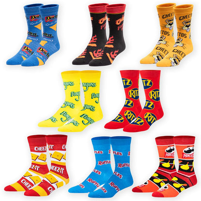 Crazy Socks snack food value bundle - 8-pack novelty crew socks gift set large sizes for men and women, soft and comfortable.