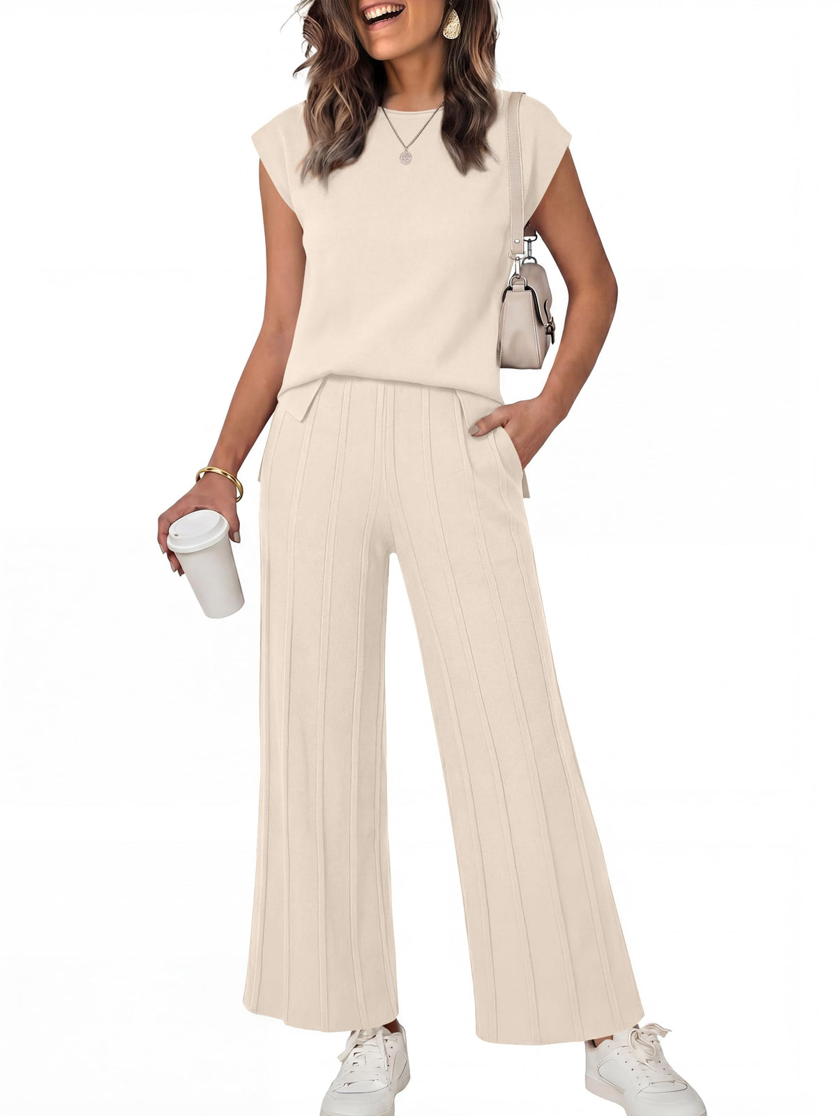 ANRABESS coordinated outfit — summer knit sweater vest and pant set for vacation