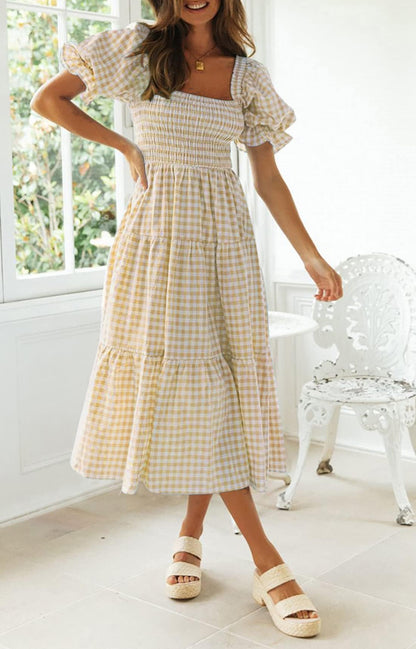 ZESICA dress — Boho gingham puff sleeve midi dress