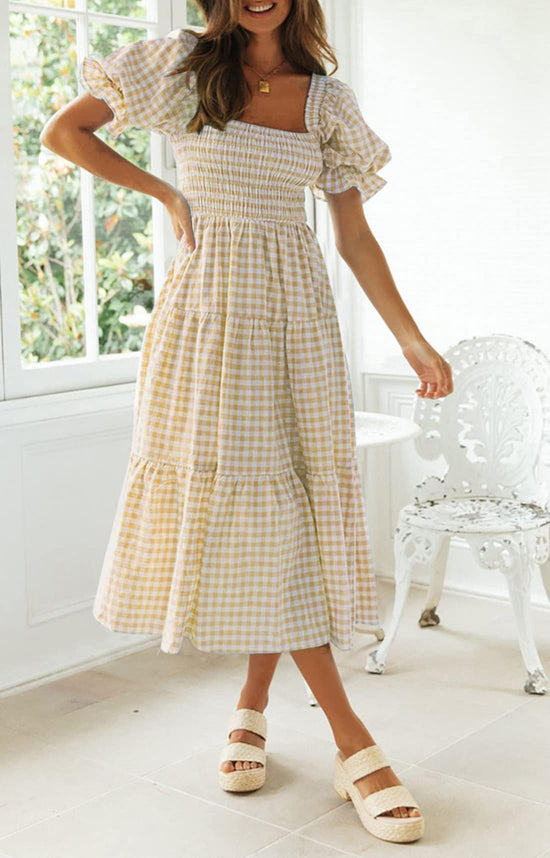 ZESICA dress — Boho gingham puff sleeve midi dress