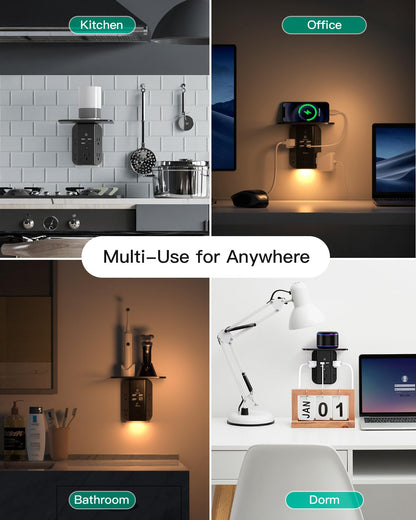 Power strip — Wall outlet extender with shelf and night light, USB charging ports