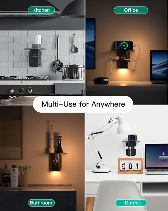 Power strip — Wall outlet extender with shelf and night light, USB charging ports