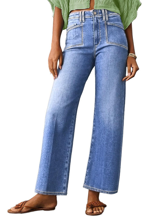 Astylish wide leg jeans - High waisted stretchy denim with pockets