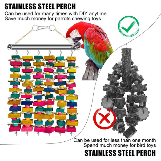 Stainless Steel Parrot Toy Hanging Rack, Large Bird Toy Stand with 6 Hanging Cables & Swivel Hooks, Chew Toy Holder for Macaws, Cockatoos, African Greys, Bird Cage Accessory for DIY Toy