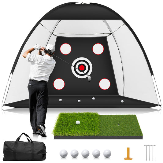 MUVPOH Golf net — 10x7ft golf practice net with dual-turf hitting mat and targets