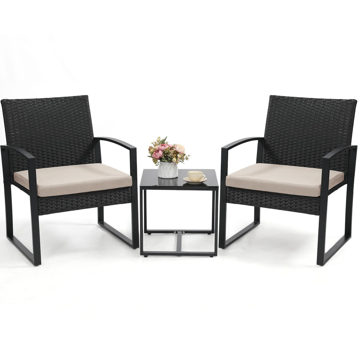 Murago 3 piece wicker patio bistro set with coffee table in black frame and cushion