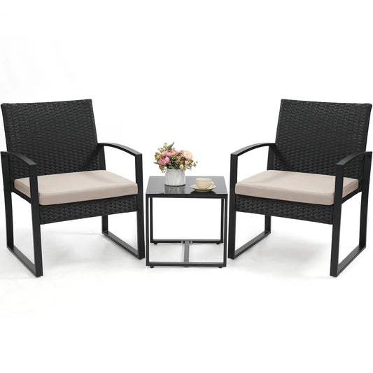 Murago 3 piece wicker patio bistro set with coffee table in black frame and cushion
