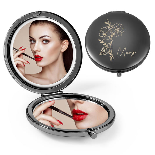 Ahgmeside Personalized Compact Mirror for Women - Pocket Mirror for Women,Custom Birthflower Travel Makeup Mirror for Wife, Mom, Bridesmaid Gifts for Daughter Friend (Black)