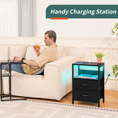Yoobure nightstand with charging station - LED design with fabric drawers and USB ports