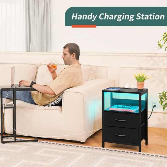 Yoobure nightstand with charging station - LED design with fabric drawers and USB ports