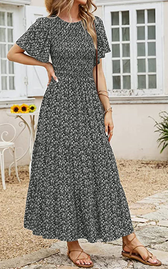PRETTYGARDEN dress — Boho floral maxi with flutter sleeves and smocked tiered design