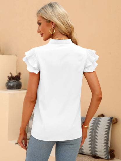 Sucolan shirt — Ruffle short sleeve notch V neck flowy top for women
