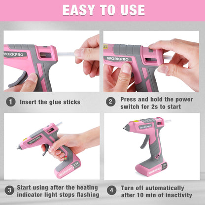 WORKPRO hot glue gun — cordless and rechargeable with mini glue sticks