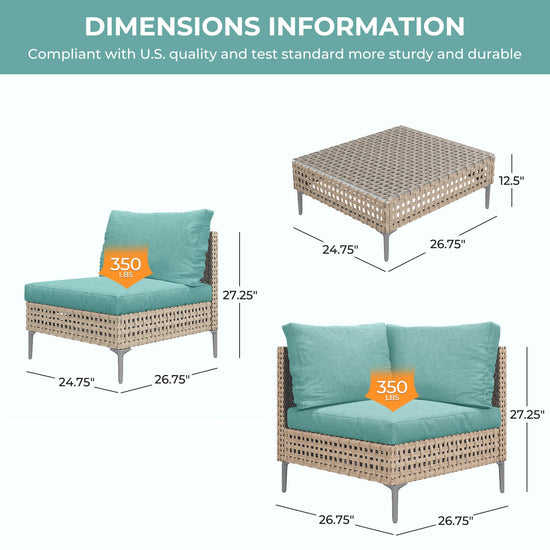 Grand patio wicker sectional sofa with beige cushions and coffee table