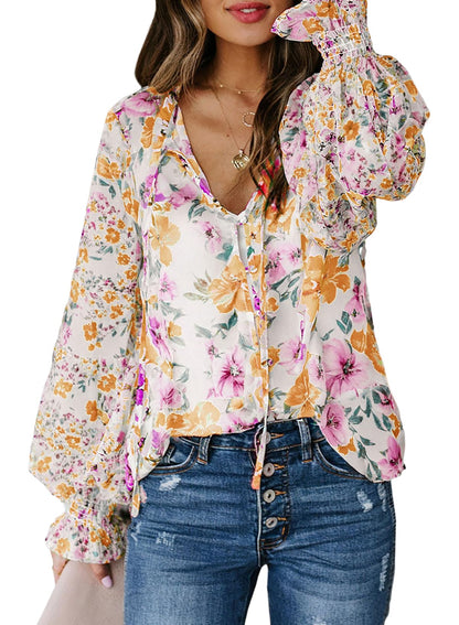 Biucly women's floral print v neck long sleeve shirt with drawstring detail