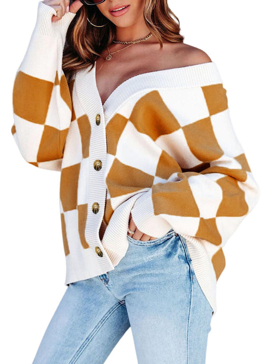 Dokotoo sweater — Plaid v neck oversized cardigan with buttons and long sleeves