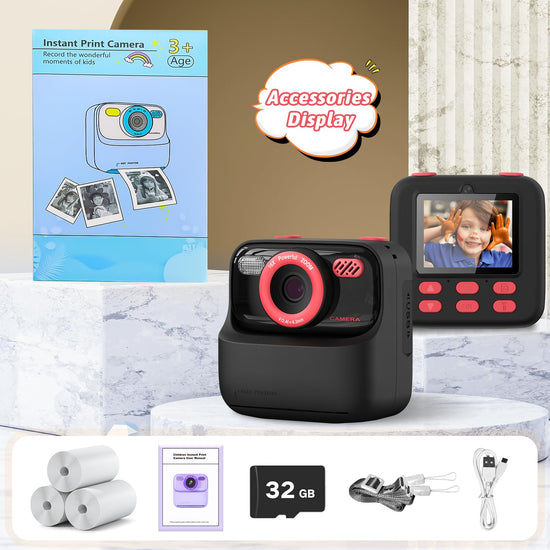 Digital camera — 1080P HD dual-lens with print paper and 32G card for kids ages 3-16 years old