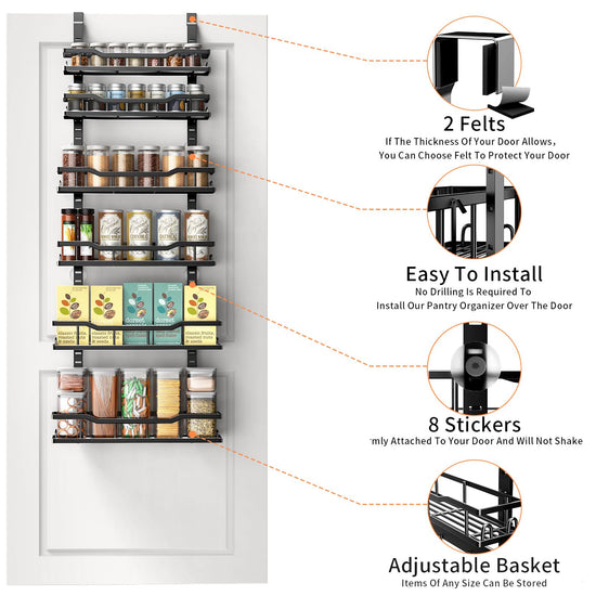 MSERCUOR storage rack — over the door design with adjustable baskets and spice rack