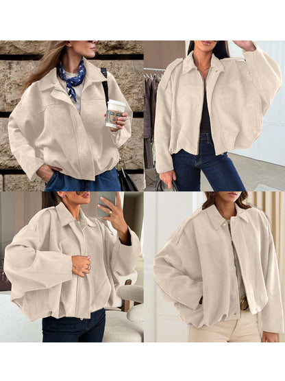 EVALESS bomber coat — faux suede with pockets and cropped design