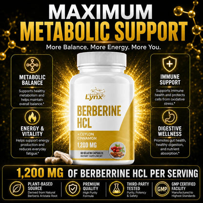 Leaping Lynx Berberine HCl 1200mg - 60 Capsules - High Absorption Berberine Supplement - Non-GMO, Gluten-Free & Third Party Tested - 30-Day Supply