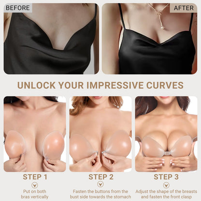 Cbthet Sticky Bra – Strapless & Backless Push Up Adhesive for Women, Invisible Silicone Bra with Nipple Covers (A Cups) Beige