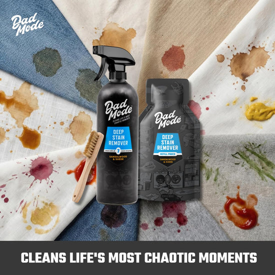 DadMode 7-Enzyme Laundry Stain & Odor Destroyer – Deep Cleaner for Extreme Clothing Messes - Masculine Sandalwood & Suede Scent, 16oz Metal Bottle + Refill Pouch