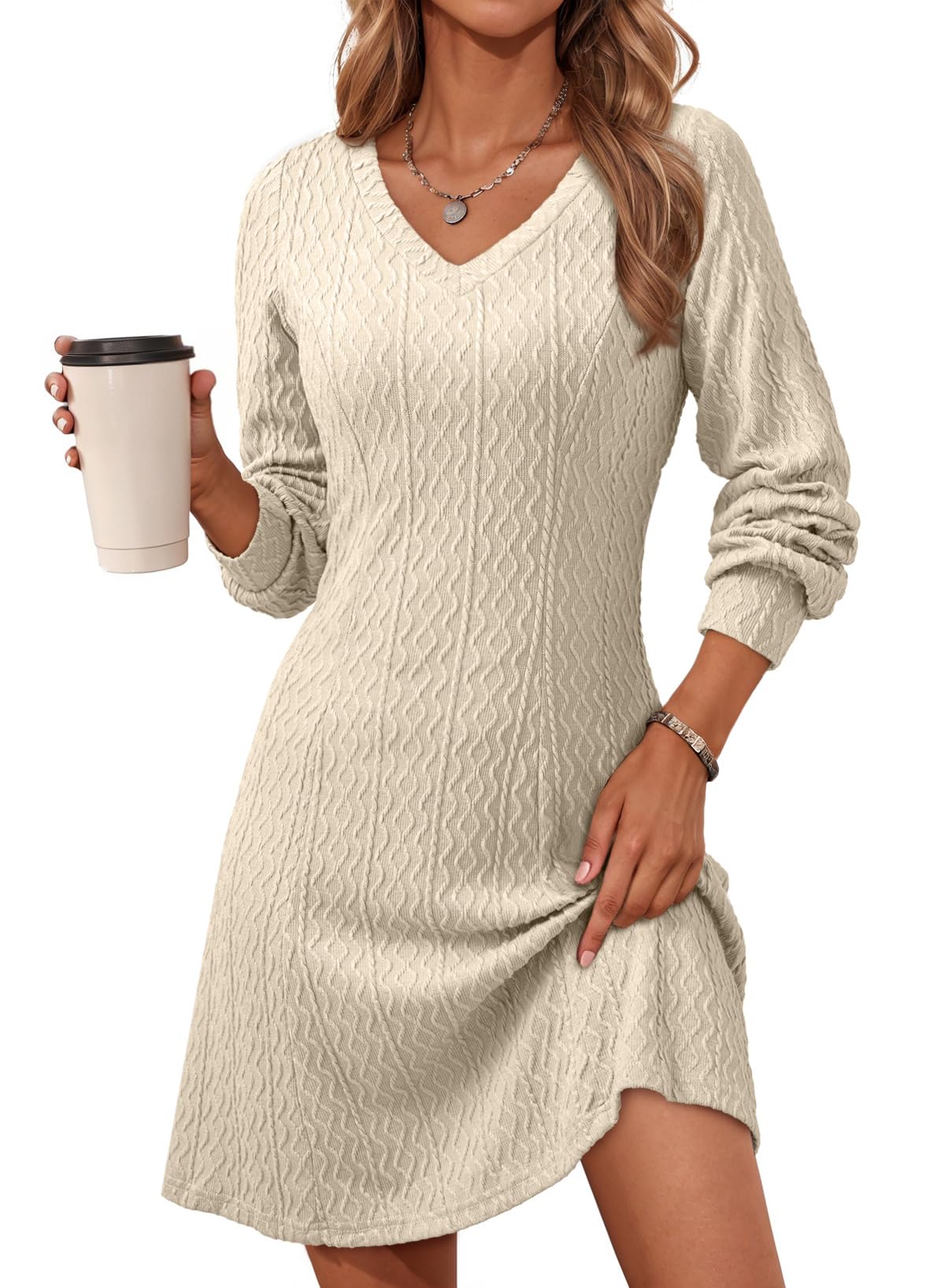 Dokotoo dress — trendy v neck knit A line long sleeve sweater dress