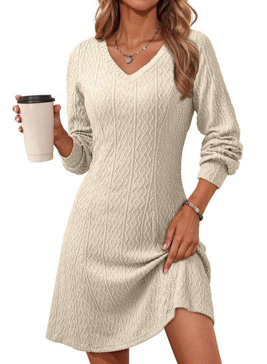 Dokotoo dress — trendy v neck knit A line long sleeve sweater dress