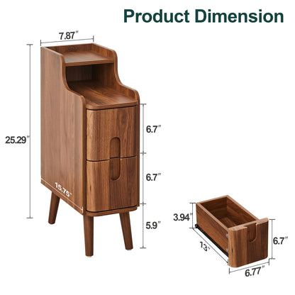 Narrow End Table Living Room, Wooden Small 2 Drawer Nightstand Bedroom, Thin Couch Side End Table, Vintage Skinny Bedside Table Small Spaces, Mid Century Modern Night Stand with Drawers (Walnut-1 pc)