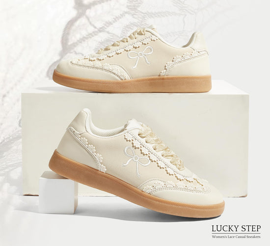 Sneakers — Lace detail with organza ribbon lace-up design and gum sole