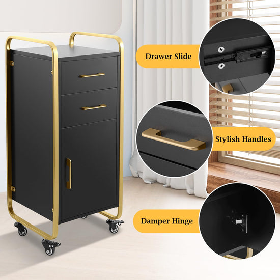Black Salon Stations for Hair Stylist with Rolling Wheels, Heightened Beauty Salon Trolley Cart, Barber Hair Station Organizer with Dryer Holder & Drawer, Hairdressing Tools (Black Gold)