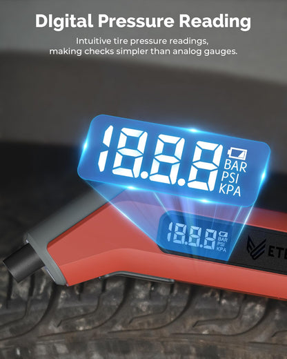 ETENWOLF digital tire pressure gauge - calibrated to ANSI B40.7 Grade 2A with replaceable batteries